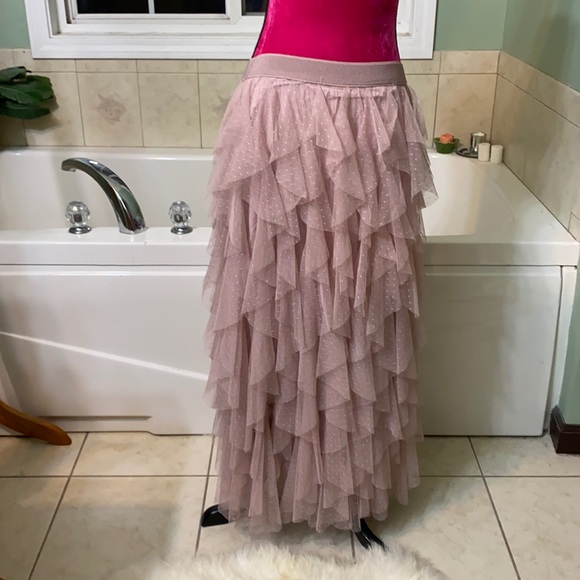 Anthropologie Tulle Ruffle MIDI Skirt Rose pink aromatic Boho Size Large - Picture 5 of 9